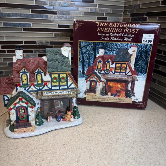 Norman Rockwell Collection Other - Norman Rockwell Saturday Evening Post Santa Reading Mail Lighted Porcelain House